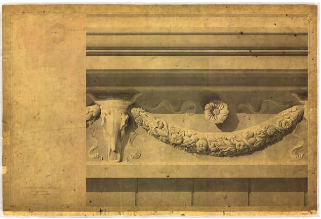 Henri Labrouste (French, 1801-1875). Tomb of Caecilia Metella on the Appian Way, Rome. Details of the frieze and profile of the entablature. 1825-1830. Pen, ink, wash and watercolor highlights on pape