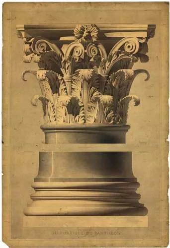 Henri Labrouste (French, 1801-1875). The Pantheon, Rome. Capital and base of a column of the portico. 1825-1830. Pen, ink, graphite and watercolor on paper. <span style='color: #000000; font-family: V