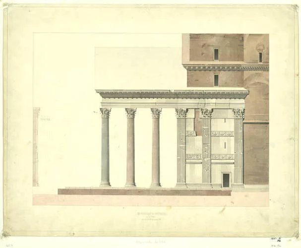Henri Labrouste, Le Panthéon à Rome, élévation latérale du portique et profil d’un pilastre, [1825-1830], 41,1 x 46,9 cm, Paris, AA, 268.7 <span style='font-style: norma