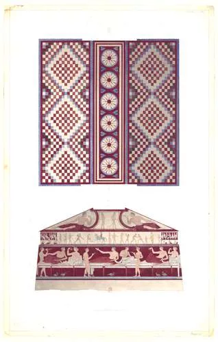 Henri Labrouste (1801-1875). Etruscan tomb, known as delle Bighe, Corneto (nowadays Tarquinia). Plan of the ceiling and elevation of the back wall. 1829. Pen, ink and watercolor on paper. <span style=
