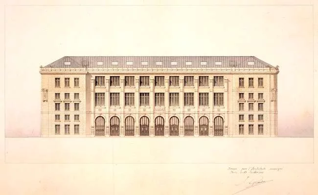 Julien Guadet (1834-1908). New Central Post Office (today Central Post Office) of the rue du Louvre, Paris, 1880-1886. Elevation of the main façade, July 13th 1880. Pen, ink and watercolor on pap