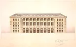Julien Guadet (1834-1908). New Central Post Office (today Central Post Office) of the rue du Louvre, Paris, 1880-1886. Elevation of the main façade, July 13th 1880. Pen, ink and watercolor on pap