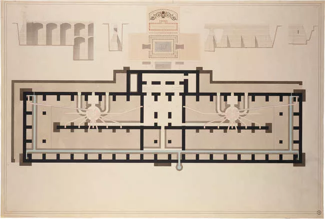Henri Labrouste, Bibliothèque Sainte-Geneviève, plan du sous-sol, avec coupes, et détail de la première pierre, fin 1850, 65,7 x 97,5 cm, Paris, BSG, Ms. 4273 (6)<br />