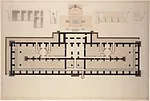 Henri Labrouste, Bibliothèque Sainte-Geneviève, plan du sous-sol, avec coupes, et détail de la première pierre, fin 1850, 65,7 x 97,5 cm, Paris, BSG, Ms. 4273 (6)<br />