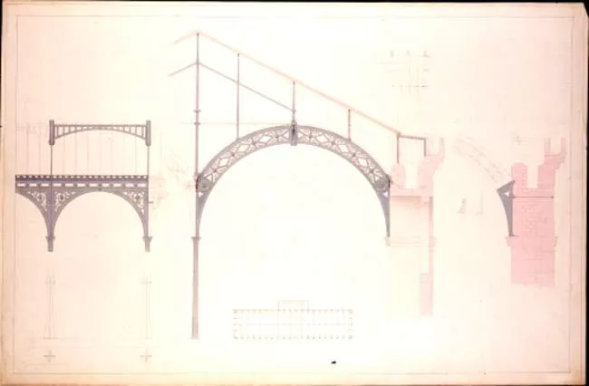 Henri Labrouste, Bibliothèque Sainte-Geneviève, étude pour les fermes en fonte du premier étage et le comble en fer, vers novembre 1846, 66,5 x 102,3 cm, Paris, BSG, Ms.4273 (24<sp