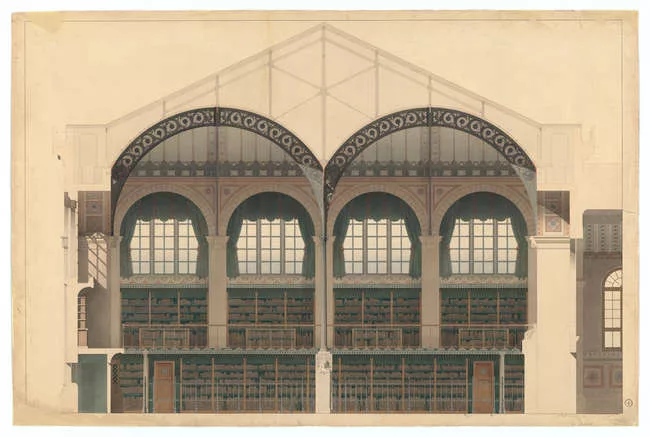 Henri Labrouste, Bibliothèque Sainte-Geneviève, coupe transversale sur la salle de lecture, fin 1850, 66 x 99 cm Paris, BSG, Ms. 4273 (41) <span style='font-style: normal; font-variant: norm