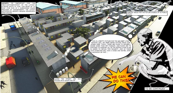 The exhibtion has a comic component depicting a re-settlement proposal for 11 sites in Marlboro South. The comic was produced by third year University of Johannesburg architecture student Jaco Jonker