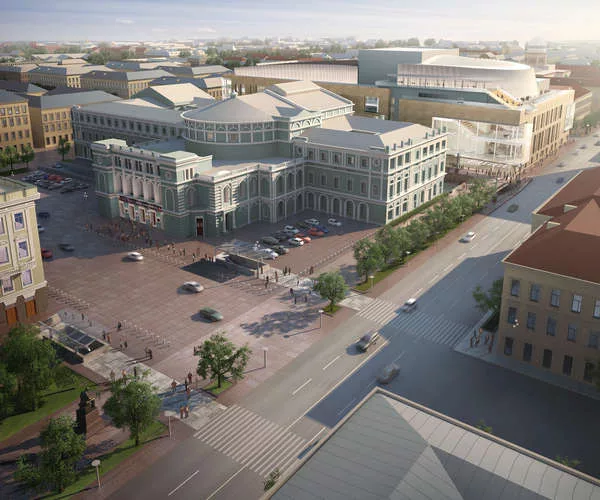 A promenade and glass bridge will link the existing Mariinsky Theater (foreground) with Diamond Schmitt Architects’ addition.