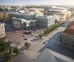 A promenade and glass bridge will link the existing Mariinsky Theater (foreground) with Diamond Schmitt Architects’ addition.