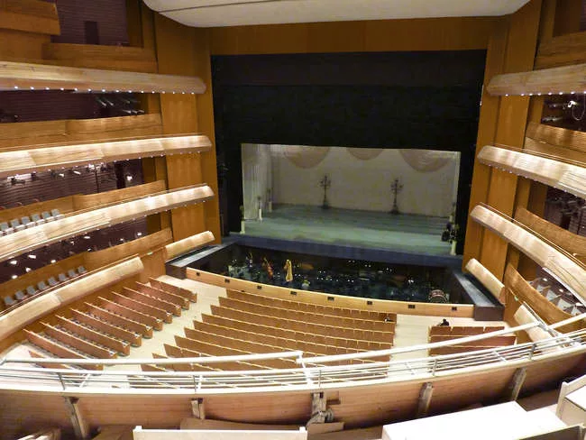 The Mariinsky II performance hall near completion. The ample use of beech wood in the auditorium enhances the acoustics and the classic horseshoe shape was used to provide good views from every seat.