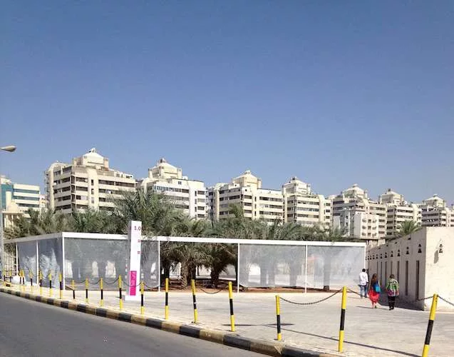 Placed at merciful intervals between exhibition spaces, a series of three pavilions by OFFICE Kersten Geers and David van Severen are clever shelters from Sharjah’s often intense daytime sun. Ti