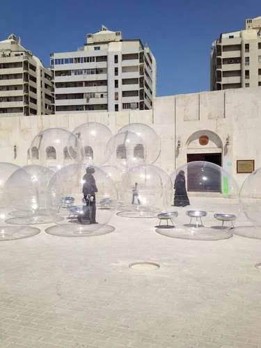 Kazuyo Sejima and Ryue Nishizawa of SANAA designed <em>Bubble</em>, 2013, literally a series of Plexiglass spheres, for a square near Sharjah’s calligraphy museum.