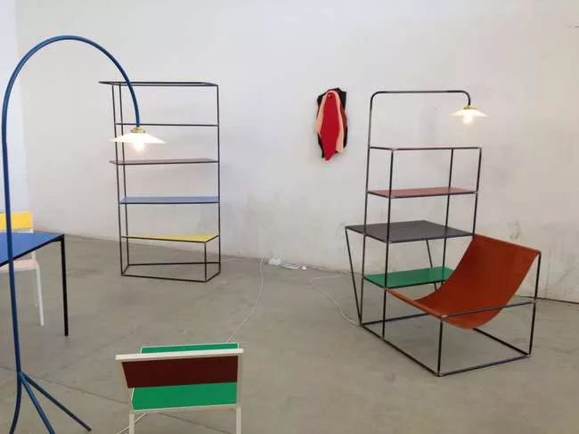 Composite steel-bar furnishings from the Belgian design studio Muller Van Severen on display in the Lambrate district in Milan.