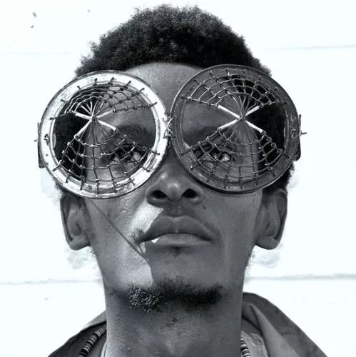 Cyrus Kabiru’s sunglasses made of bits of electronics were part of the Afrofuture show at La Rinascente department store in the center of Milan.