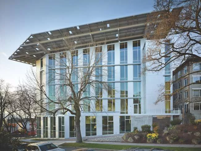 To bring its net-zero-energy goal within reach in cloudy Seattle, the Bullitt Center has a 242-kW photovolatic array covering 14,000 square feet. It extends as much as 20 feet from the edges of the ro