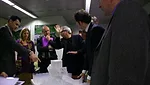 Still from <em>The Competition</em>: Dominique Perrault (with hand up) presents his scheme to the jury.
