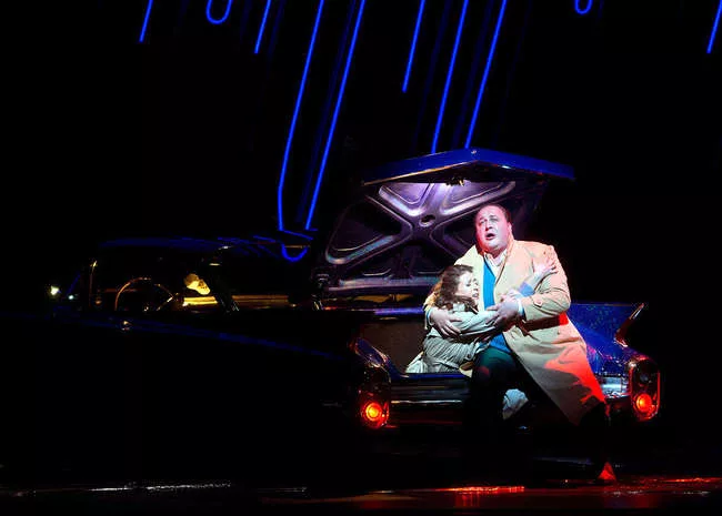 George Gagnidze as Rigoletto and Lisette Oropesa as Gilda in the Metropolitan Opera's production of <em>Rigoletto</em>.