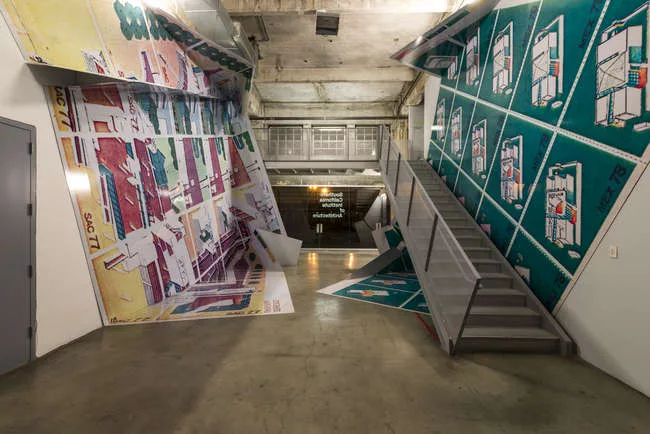 Zago Architecture, the exhibition designers, wrapped the entry zone in skewed, blown-up reproductions of Morphosis' mock postage stamps – a clever riff on <em>Graphic Wrap</em>, one of the six s