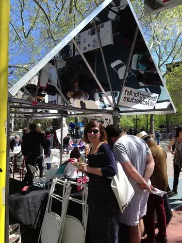 One of Davidson Rafailidis Architecture's <em>Mirror Mirror</em> pavilions covers the Storefront for Art and Architecture's booth.