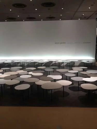 <strong>At ICFF</strong><br /> Nendo created a the 'Stone Garden' display of tables for Caesarstone's booth.