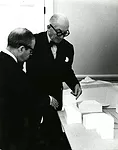 Sert (left in photo), who had worked for Le Corbusier (to his right) before becoming the head of Harvard’s GSD, helped his mentor get the Carpenter job.