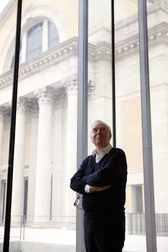 Sir David Chipperfield, the East Building’s architect, in a gallery looking out on the south façade of the Main Building.