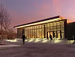 The north façade of the new East Building at dusk.