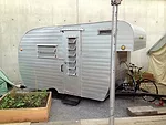 One of the vintage-looking trailers in the Colony, a temporary communal dwelling at MoMA PS1 designed by a77.