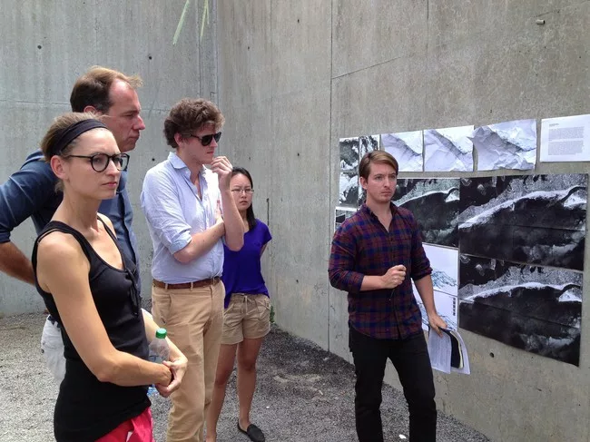 From left to right: Visiting critics Johanna Meyer-Grohbrügge, Niklas Maak, and Sam Chermayeff stand with students Yoonjee Koh and Stefan di Leo, who are living at the Colony at MoMA PS1.