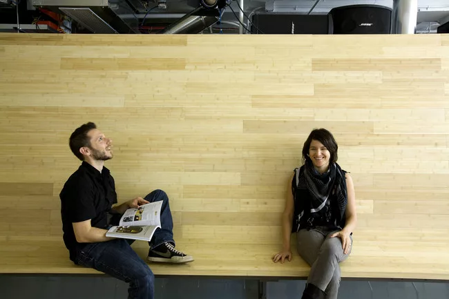 EFGH, a New York City-based studio founded by Hayley Eber (right) and Frank Gesualdi (left), gives the interior a flexible organization with a series of mobile units, including a set of bleachers for 