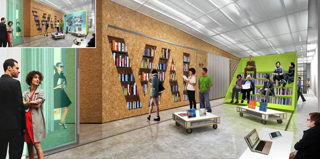 EFGH, a New York City-based studio founded by Hayley Eber and Frank Gesualdi, gives the interior a flexible organization with a series of mobile units, including a set of bleachers for events. The des