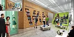 EFGH, a New York City-based studio founded by Hayley Eber and Frank Gesualdi, gives the interior a flexible organization with a series of mobile units, including a set of bleachers for events. The des