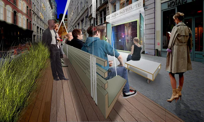 EFGH, a New York City-based studio founded by Hayley Eber and Frank Gesualdi, gives the interior a flexible organization with a series of mobile units, including a set of bleachers for events. The des