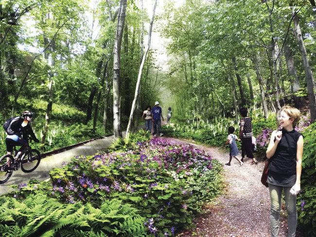 A rendering of the QueensWay, a 3.5-mile segment of track in Queens, New York, to be transformed into a landscaped greenway and cultural hub.