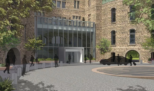 A rendering of the new glass atrium that will mark the entrance to the hospital-turned-hotel.