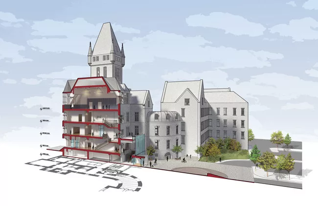 The main building of the hospital will include the hotel lobby, meeting rooms, a restaurant, a ballroom, and galleries for the Buffalo Architecture Center, a nonprofit that educates visitors about Buf