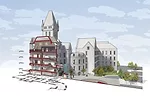 The main building of the hospital will include the hotel lobby, meeting rooms, a restaurant, a ballroom, and galleries for the Buffalo Architecture Center, a nonprofit that educates visitors about Buf