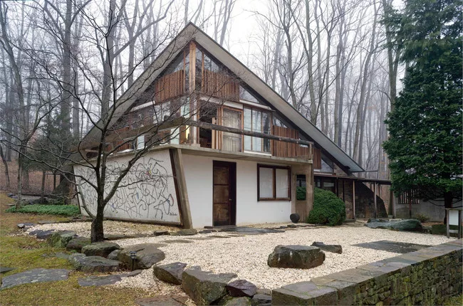 The Arts Building (1964–67) from the north—showing hyperbolic paraboloid roof—on George Nakashima's property in New Hope, Pennsylvania, 2008.<br /><br />