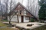 The Arts Building (1964–67) from the north—showing hyperbolic paraboloid roof—on George Nakashima's property in New Hope, Pennsylvania, 2008.<br /><br />