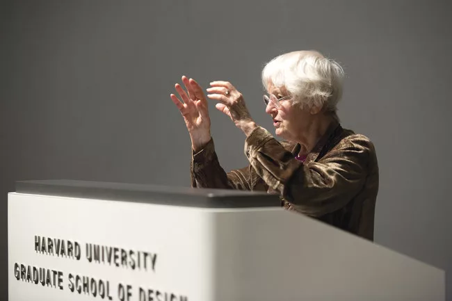 Denise Scott Brown delivers a lecture titled 'Mayhew's Architecture' in Piper Auditorium at the Harvard Graduate School of Design on Oct. 22.