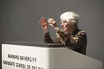 Denise Scott Brown delivers a lecture titled 'Mayhew's Architecture' in Piper Auditorium at the Harvard Graduate School of Design on Oct. 22.
