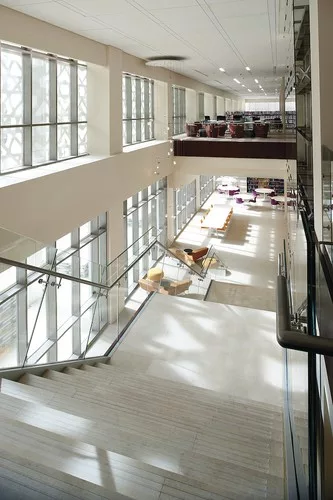 The main stairway to the reading room of the Resource Center at the College of Arts and Design.