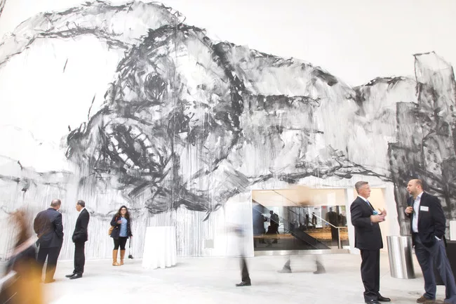 A mural by Peter Schumann painted on the exterior of the room housing the Panorama of the City of New York.
