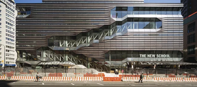 The 375,000-square-foot University Center at The New School, designed by SOM, is clad in overlapping brass panels.<br /> <br />