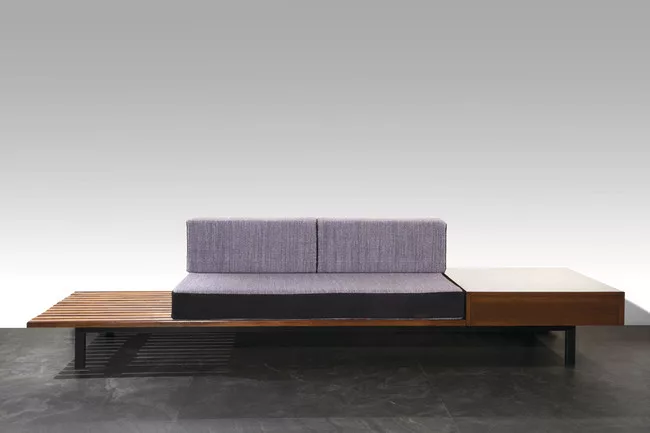 Charlotte Perriand<br />Bench with box (1961) <br />Seat made of four black metal feet supporting thirteen ash wood slats. White formica and ash box fixed on the extended board.<br />Provenance: Speci