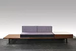 Charlotte Perriand<br />Bench with box (1961) <br />Seat made of four black metal feet supporting thirteen ash wood slats. White formica and ash box fixed on the extended board.<br />Provenance: Speci