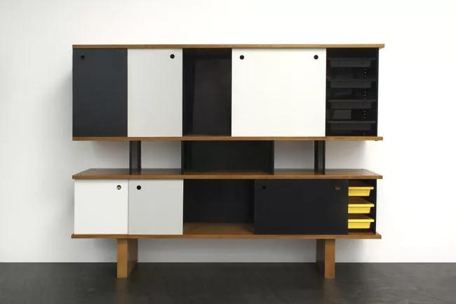 Charlotte Perriand<br />“Taïba” bookshelves/sideboard (1963)<br />Folded steel, wood and formica<br />Special commission<br />From: Phosphate senegalese compagny in Taïba, Africa