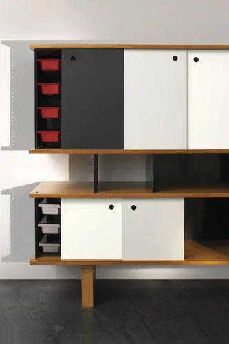 Charlotte Perriand<br /> “Taïba” bookshelves/sideboard (1963)<br /> Folded steel, wood and formica<br /> Special commission<br /> From: Phosphate senegalese compagny in Taïba, Af
