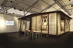 A full-scale construction of one of Jean Prouvé's demountable houses.  Designed in 1945, the 8x8-meter house has been assembled with parts from  the Prouvé factory by Galerie Patrick Seguin.
