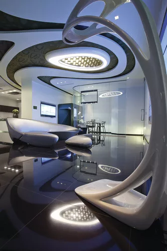 The sales gallery for Miami's One Thousand Museum, Zaha Hadid's first residential skyscraper in the Western Hemisphere. Tours of the sales gallery, which includes a 120-foot ceiling art installation, 